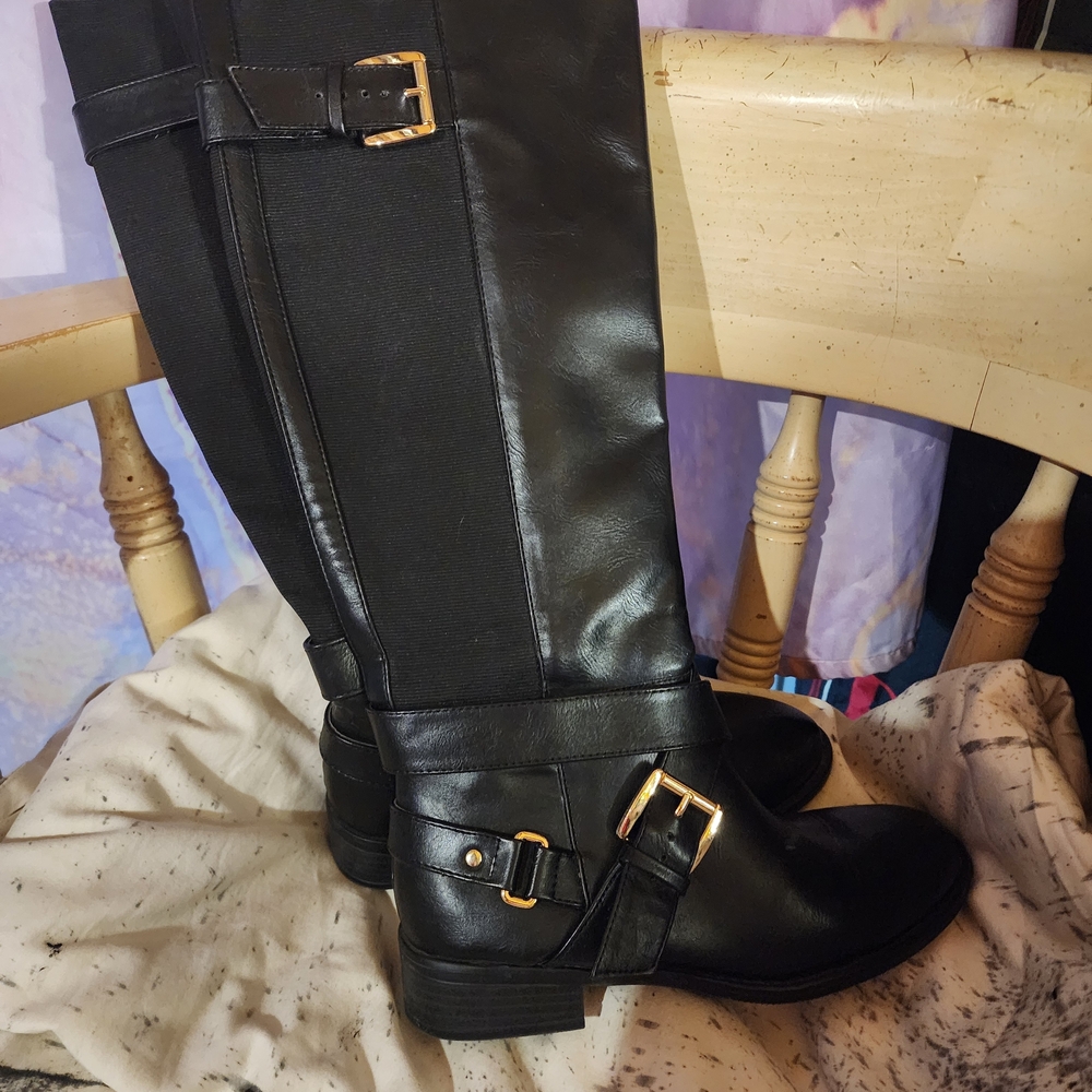 Ada Elegant Black Over the Knee Boots with Gold Accents